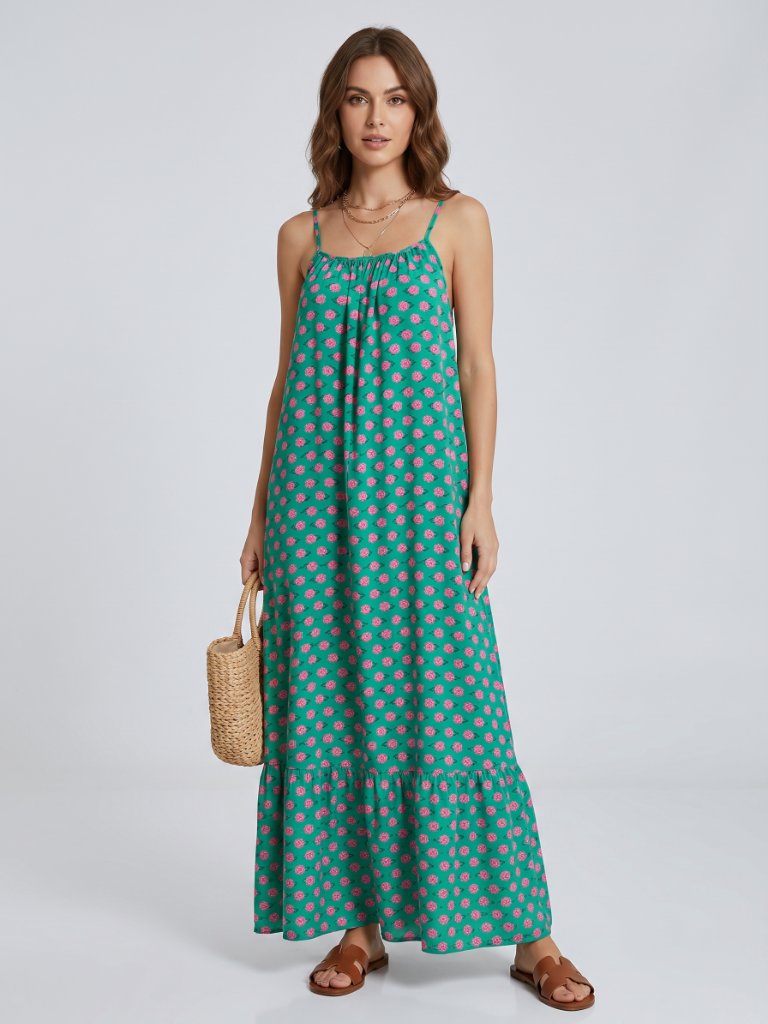 Women Sleeveless Green Pink Maxi Dress Flowy Spaghetti Strap Summer